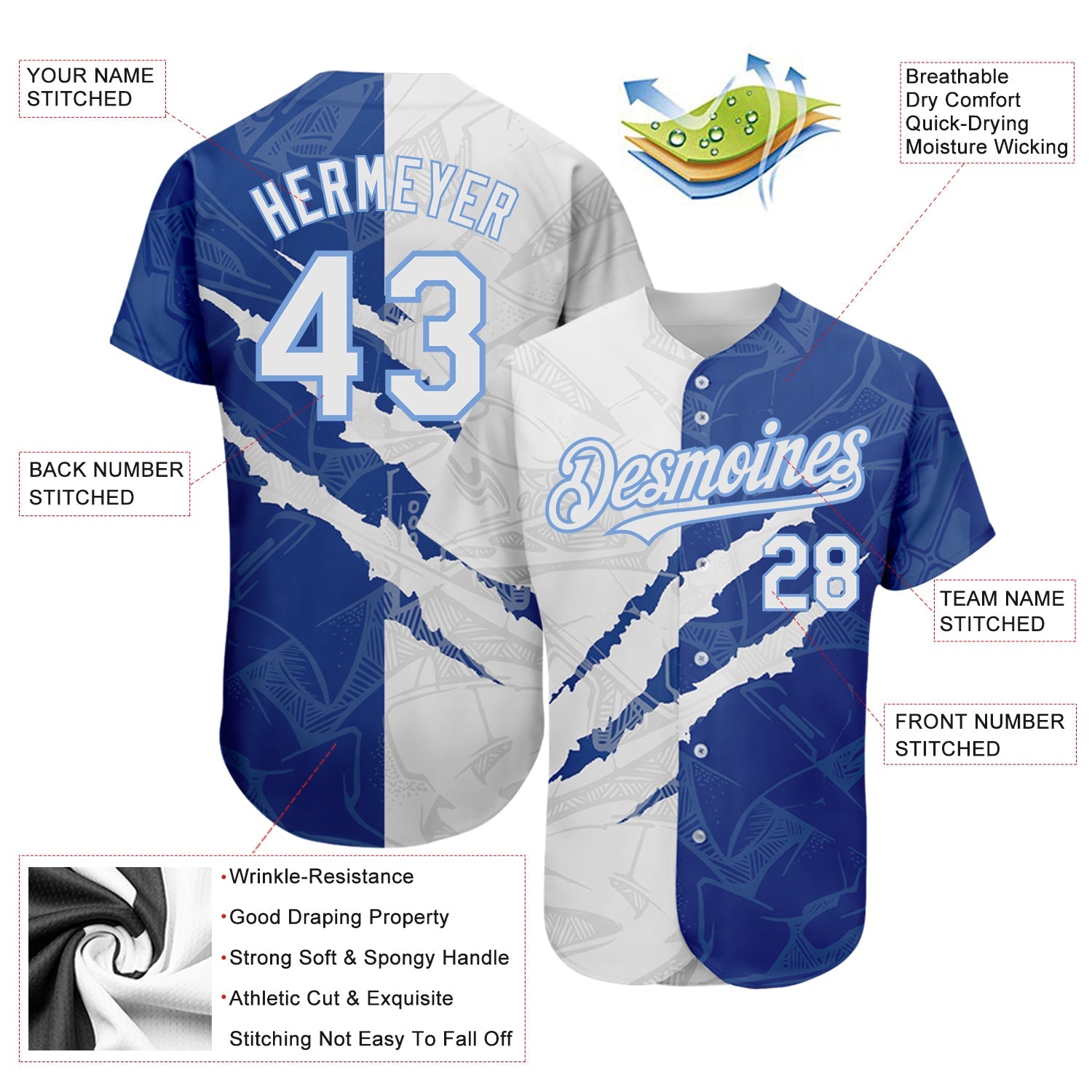 Custom Graffiti Pattern White Royal-Light Blue 3D Scratch Authentic Baseball Jersey - Sky-Custom