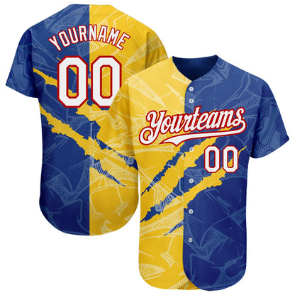 Custom Graffiti Pattern White Royal Yellow-Red 3D Scratch Authentic Baseball Jersey - Sky-Custom
