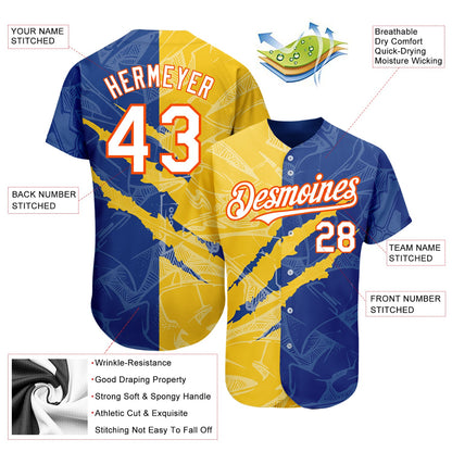 Custom Graffiti Pattern White Royal Yellow-Orange 3D Scratch Authentic Baseball Jersey - Sky-Custom