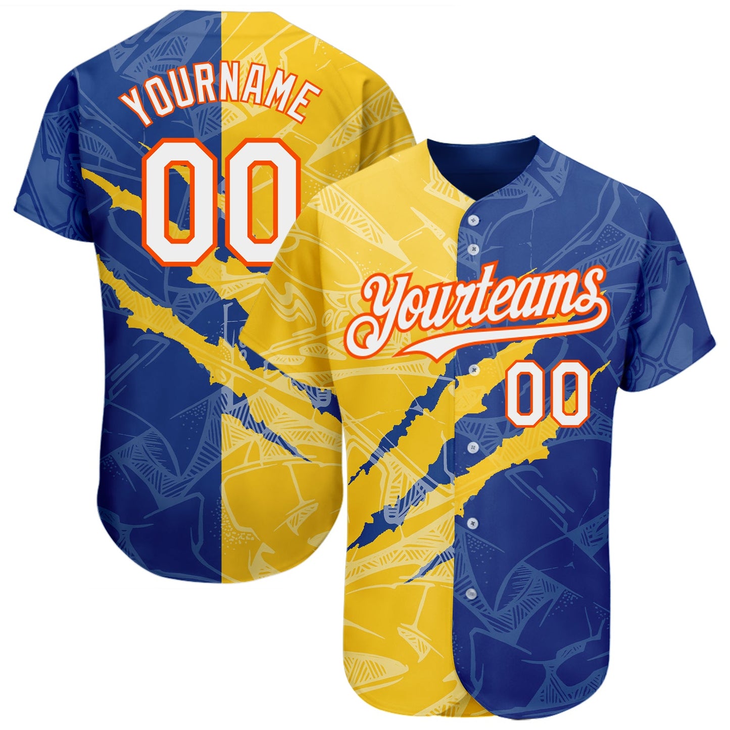 Custom Graffiti Pattern White Royal Yellow-Orange 3D Scratch Authentic Baseball Jersey - Sky-Custom