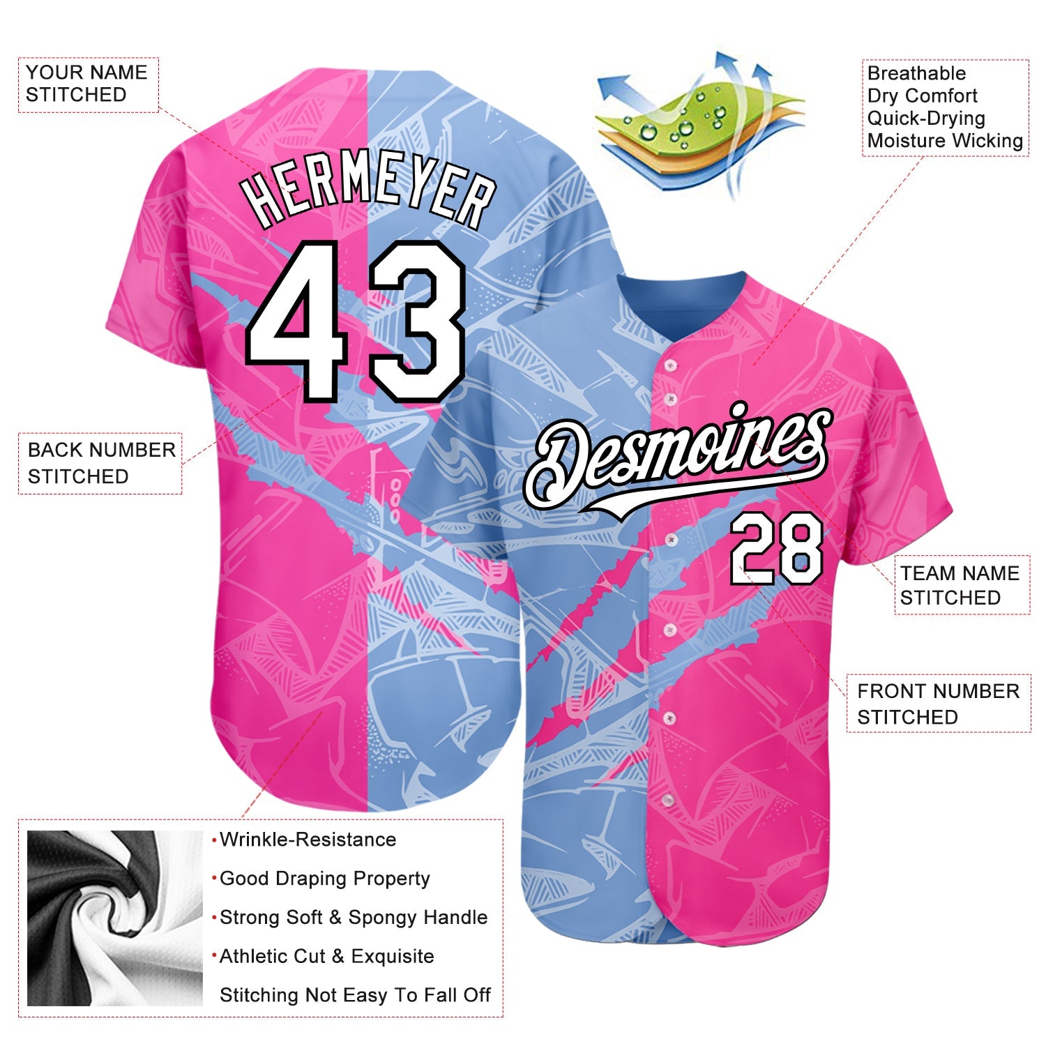 Custom Graffiti Pattern White Pink Light Blue-Black 3D Scratch Authentic Baseball Jersey - Sky-Custom