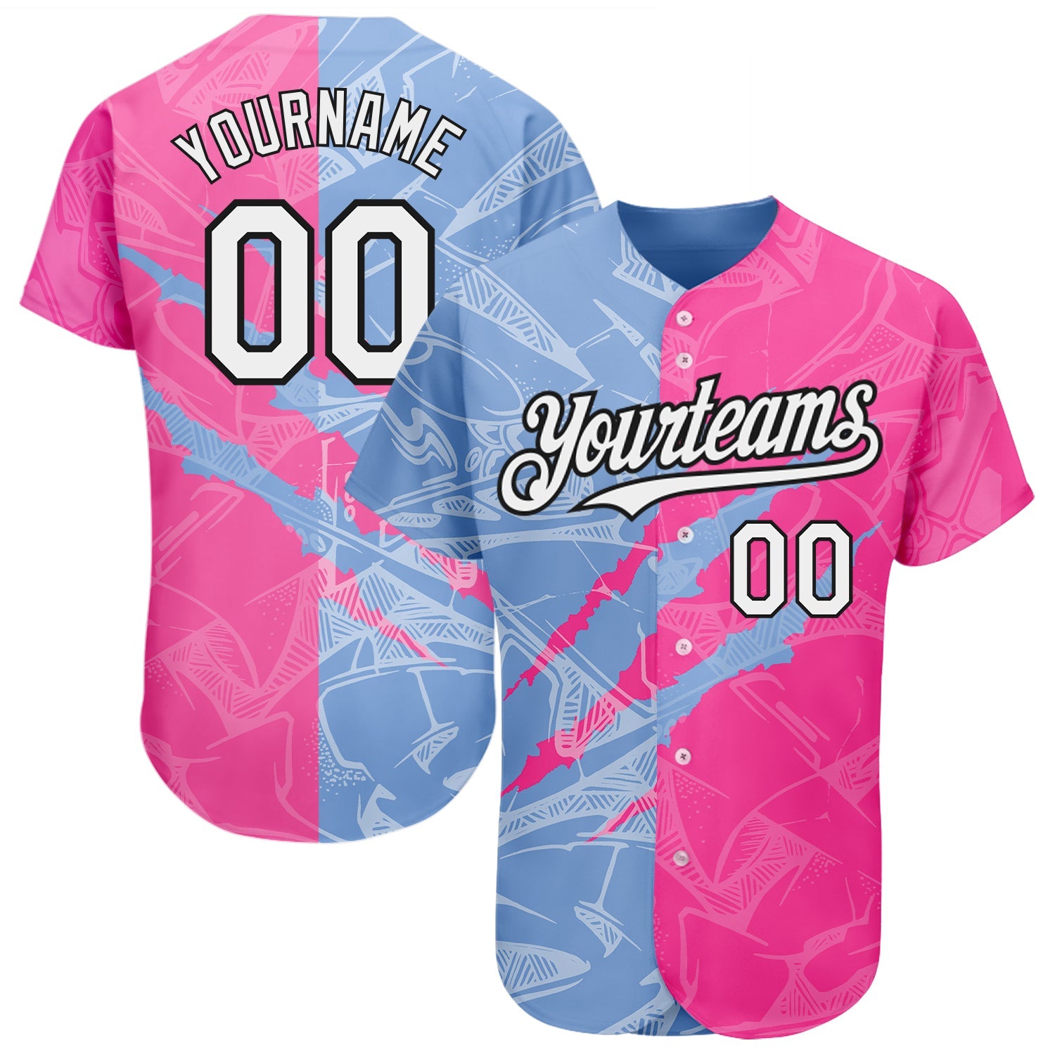 Custom Graffiti Pattern White Pink Light Blue-Black 3D Scratch Authentic Baseball Jersey - Sky-Custom