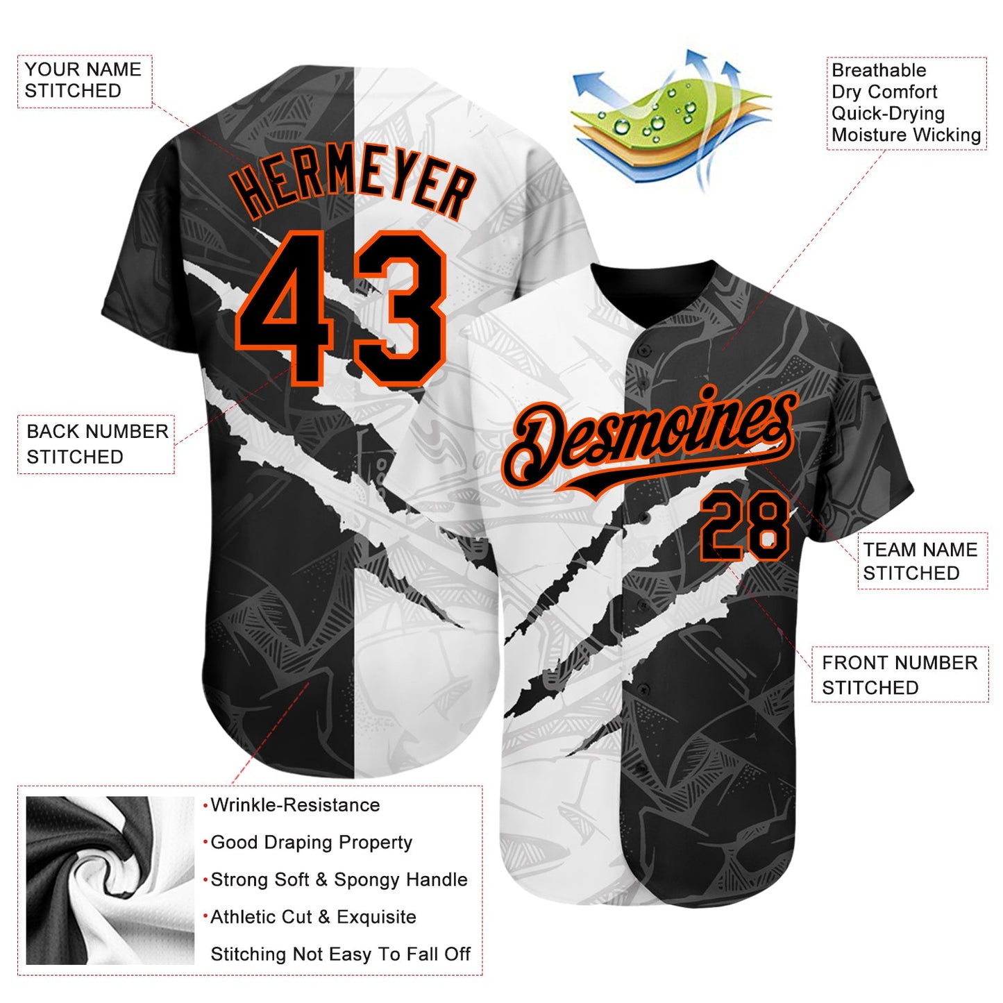 Custom Graffiti Pattern Black-Orange 3D Scratch Authentic Baseball Jersey - Sky-Custom