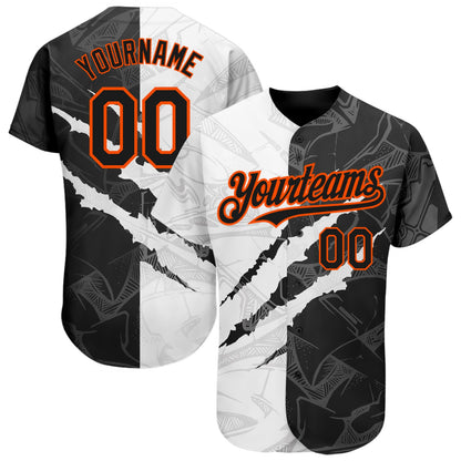 Custom Graffiti Pattern Black-Orange 3D Scratch Authentic Baseball Jersey - Sky-Custom