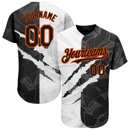 Custom Graffiti Pattern Black-Orange 3D Scratch Authentic Baseball Jersey - Sky-Custom