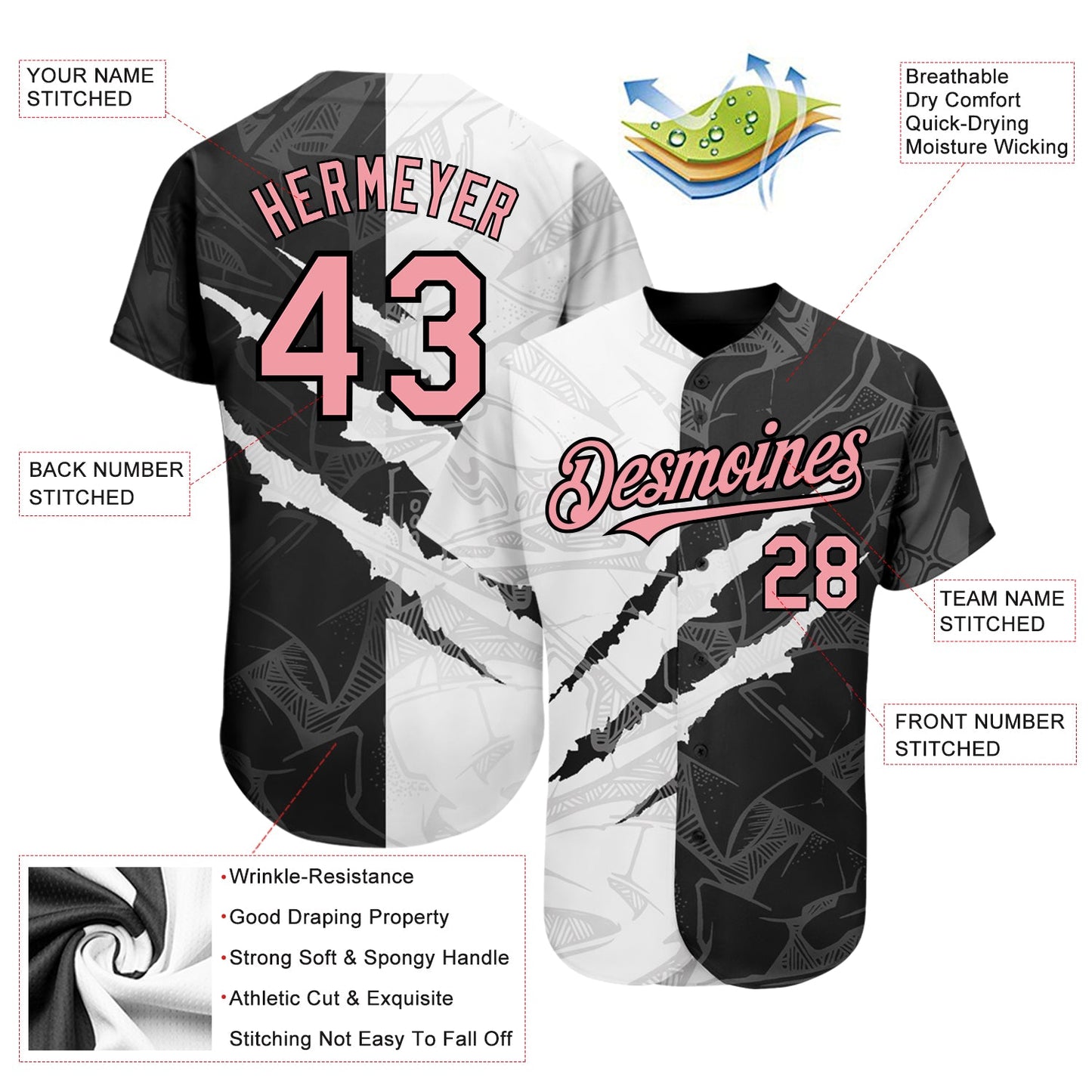 Custom Graffiti Pattern Medium Pink-Black 3D Scratch Authentic Baseball Jersey - Sky-Custom