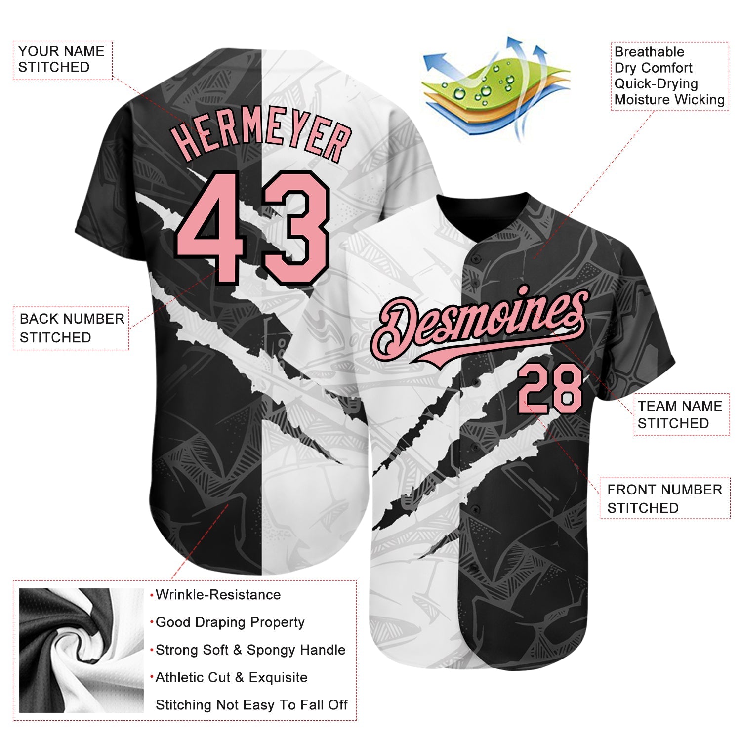 Custom Graffiti Pattern Medium Pink-Black 3D Scratch Authentic Baseball Jersey - Sky-Custom