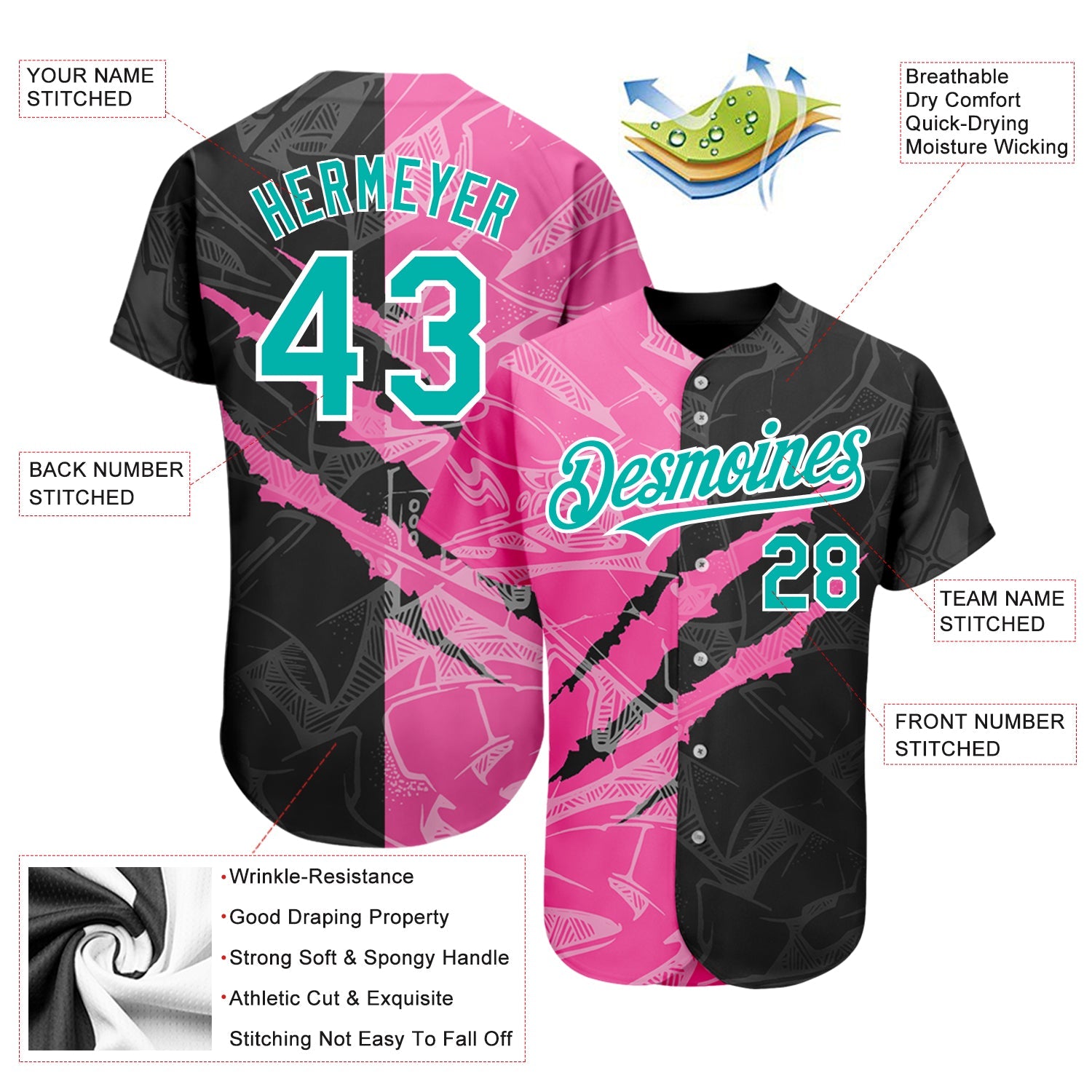 Custom Graffiti Pattern Aqua Black-Pink 3D Scratch Authentic Baseball Jersey - Sky-Custom