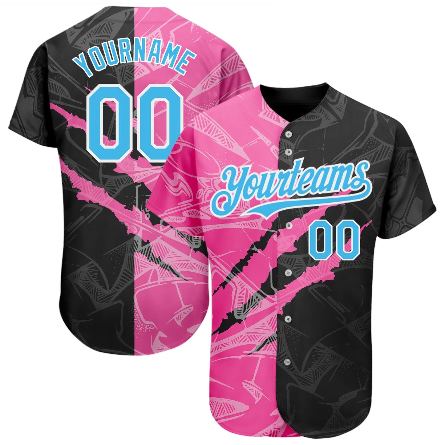 Custom Graffiti Pattern Sky Blue Black-Pink 3D Scratch Authentic Baseball Jersey - Sky-Custom