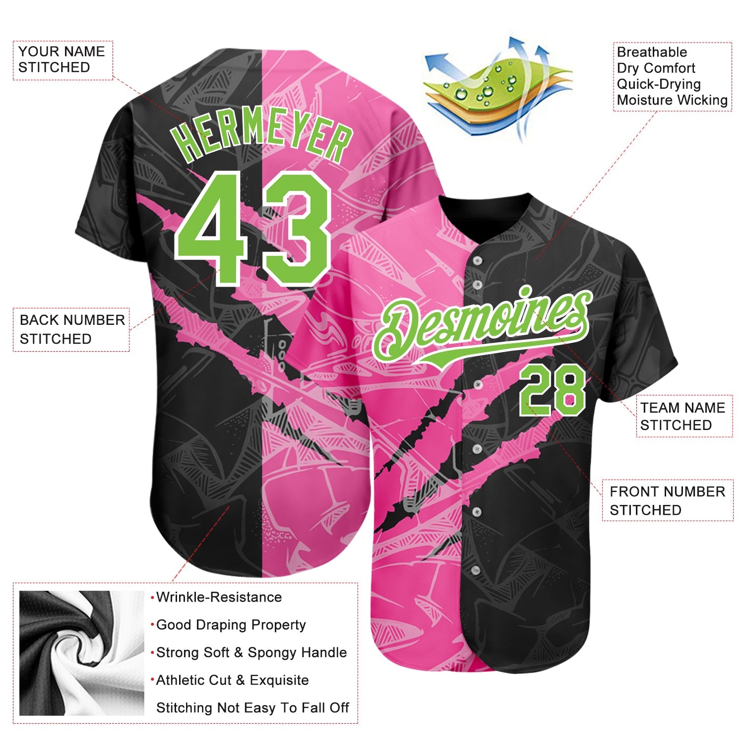 Custom Graffiti Pattern Neon Green Black-Pink 3D Scratch Authentic Baseball Jersey - Sky-Custom