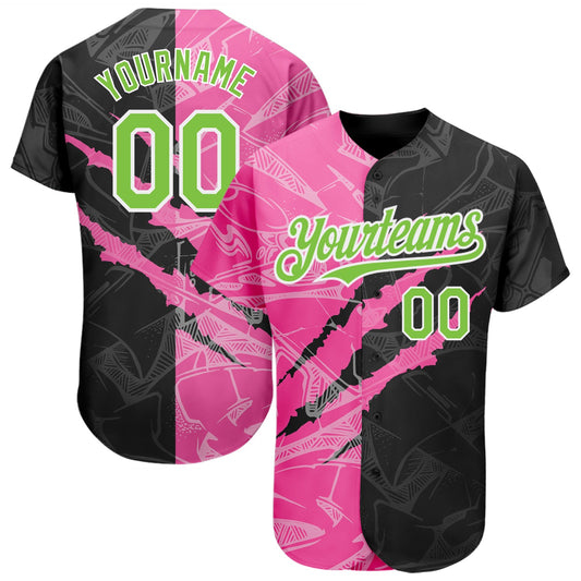 Custom Graffiti Pattern Neon Green Black-Pink 3D Scratch Authentic Baseball Jersey - Sky-Custom