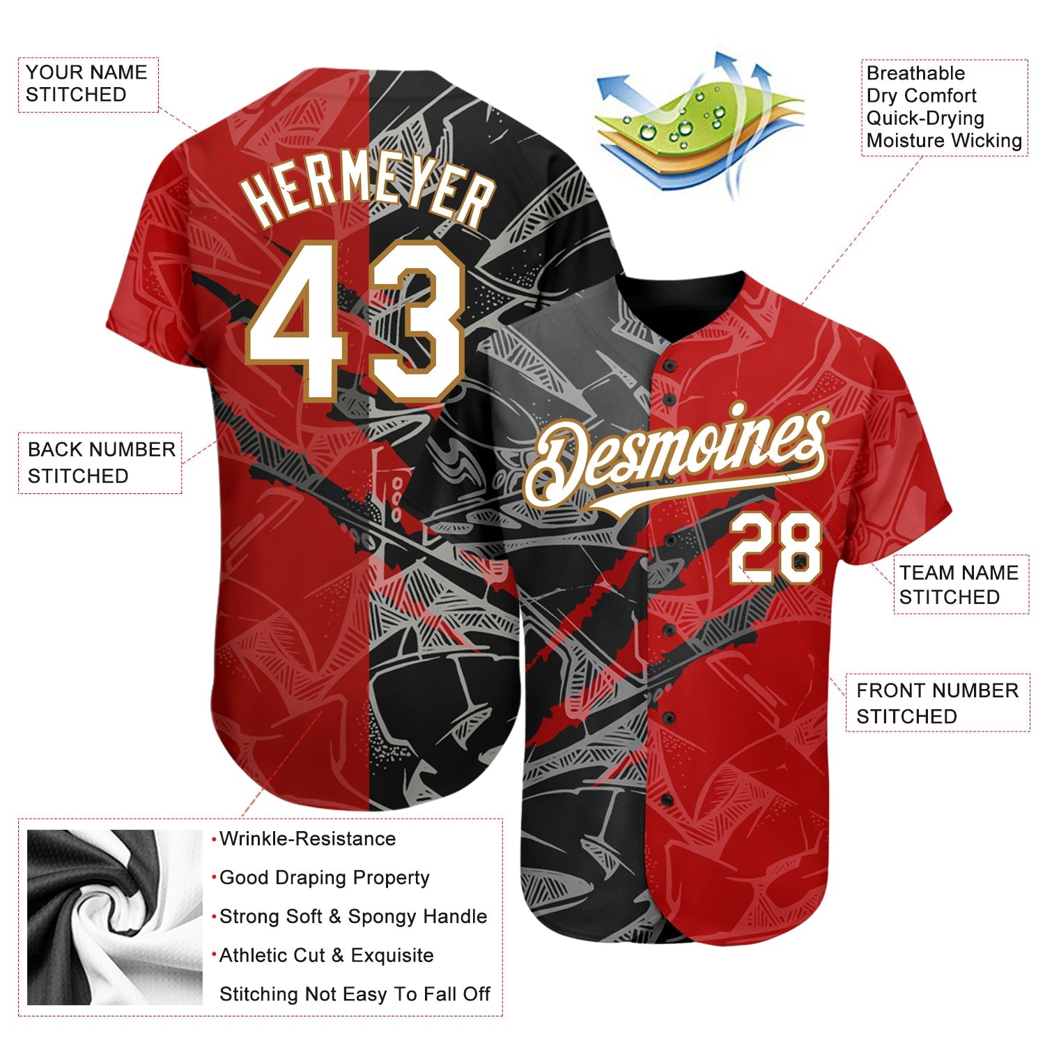 Custom Graffiti Pattern White Red Black-Old Gold 3D Scratch Authentic Baseball Jersey - Sky-Custom