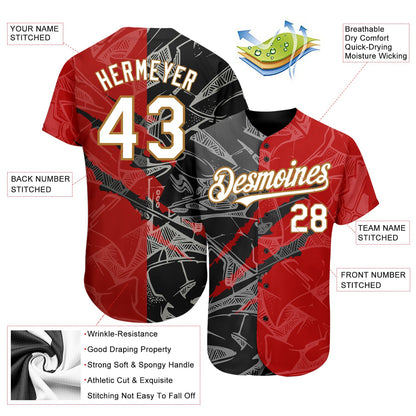 Custom Graffiti Pattern White Red Black-Old Gold 3D Scratch Authentic Baseball Jersey - Sky-Custom