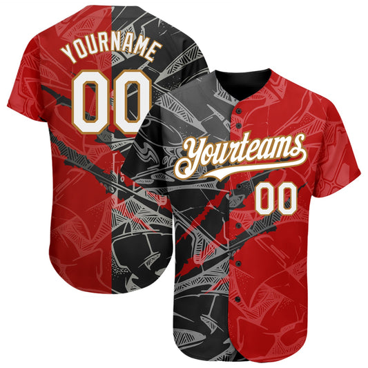 Custom Graffiti Pattern White Red Black-Old Gold 3D Scratch Authentic Baseball Jersey - Sky-Custom