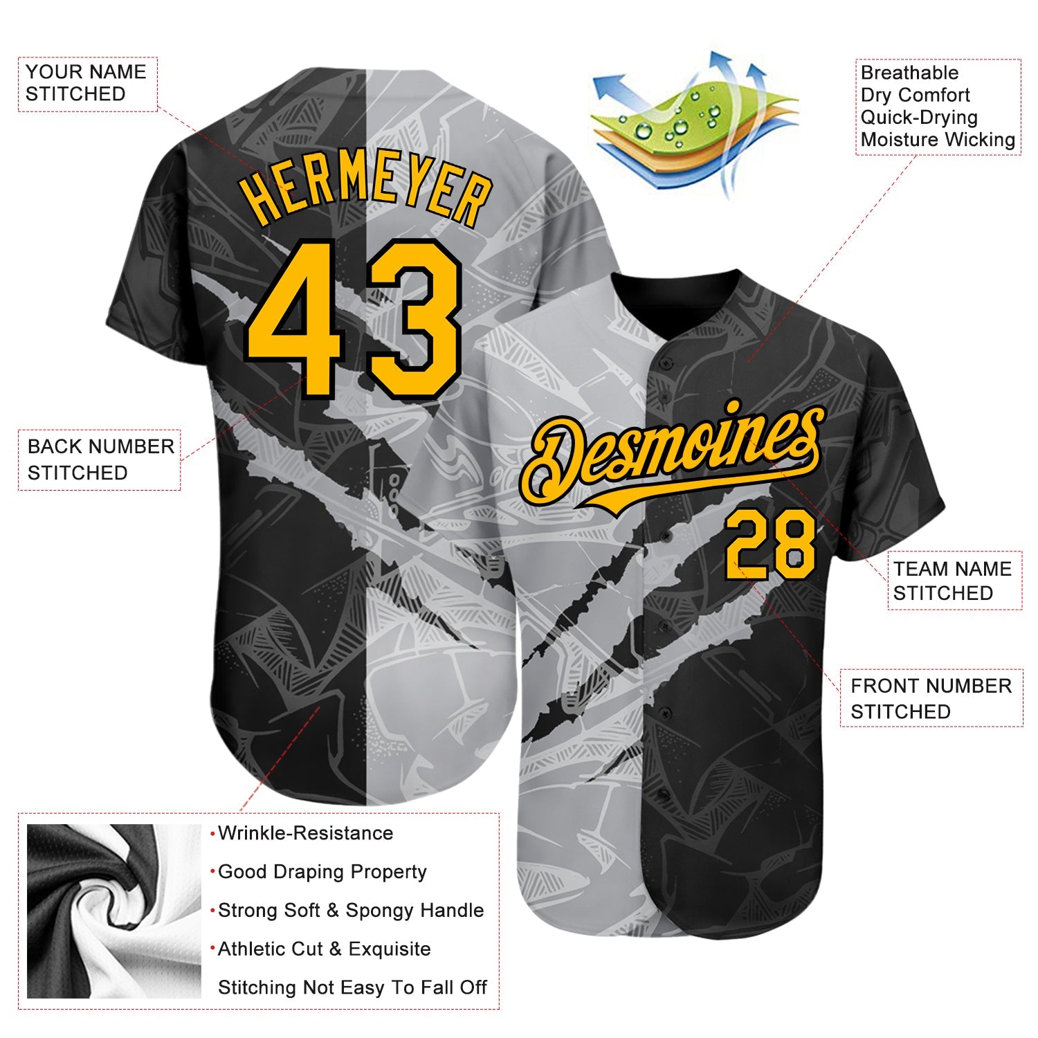 Custom Graffiti Pattern Gold Black-Gray 3D Scratch Authentic Baseball Jersey - Sky-Custom