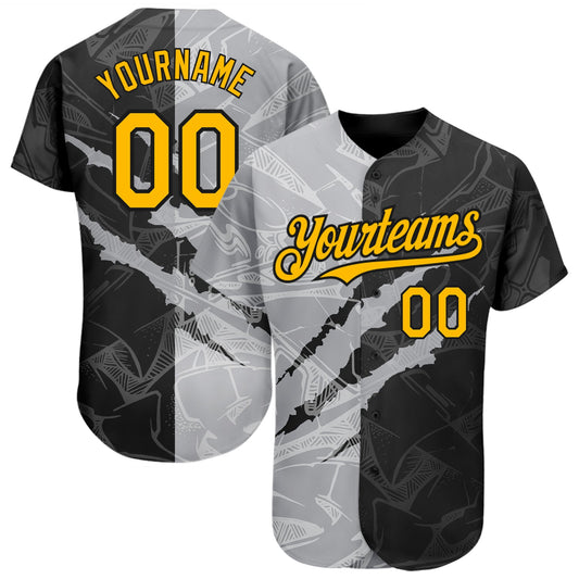 Custom Graffiti Pattern Gold Black-Gray 3D Scratch Authentic Baseball Jersey - Sky-Custom