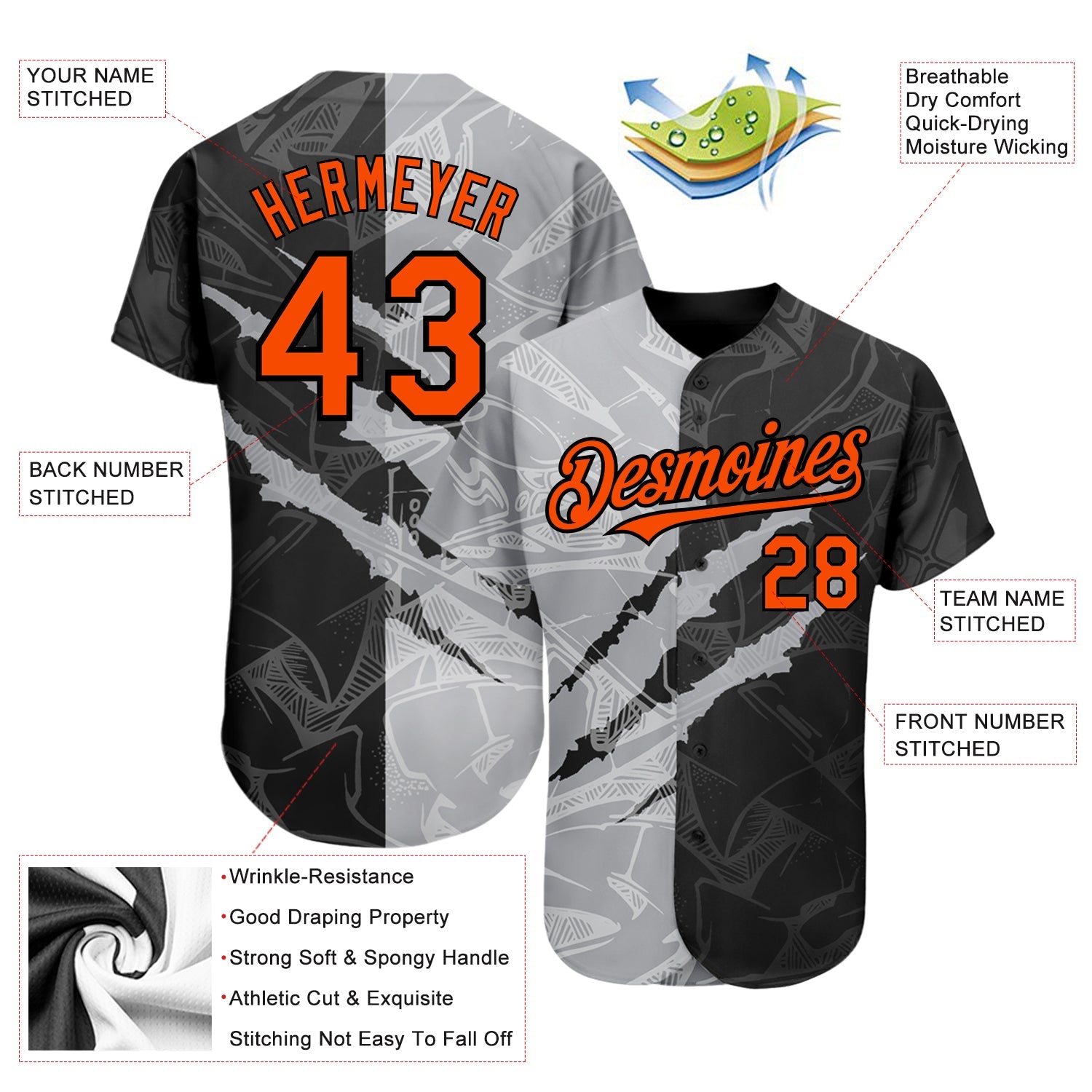 Custom Graffiti Pattern Orange Black-Gray 3D Scratch Authentic Baseball Jersey - Sky-Custom