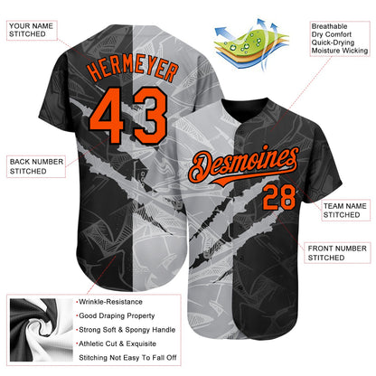 Custom Graffiti Pattern Orange Black-Gray 3D Scratch Authentic Baseball Jersey - Sky-Custom