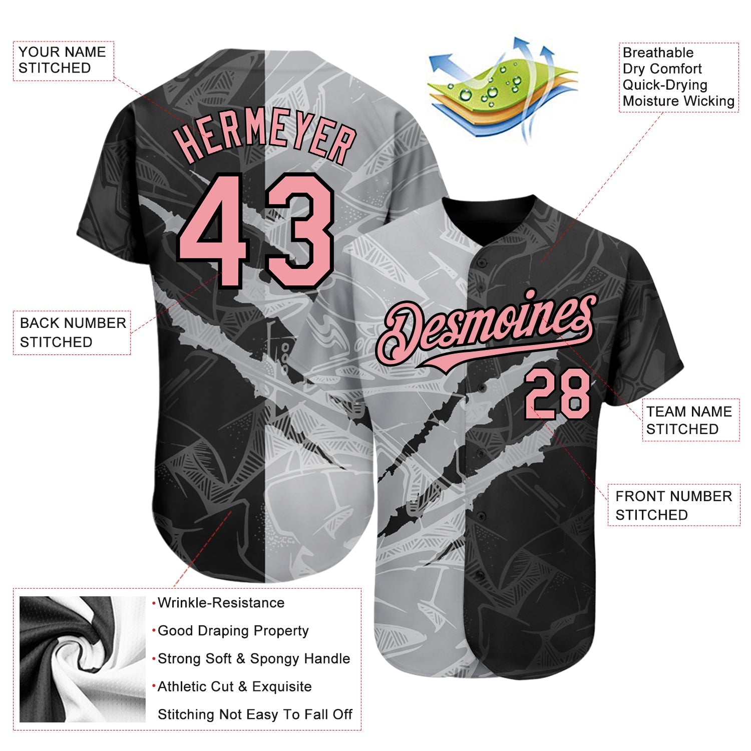 Custom Graffiti Pattern Medium Pink Black-Gray 3D Scratch Authentic Baseball Jersey - Sky-Custom