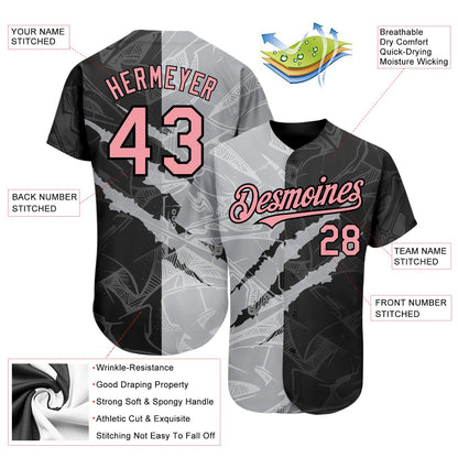Custom Graffiti Pattern Medium Pink Black-Gray 3D Scratch Authentic Baseball Jersey - Sky-Custom