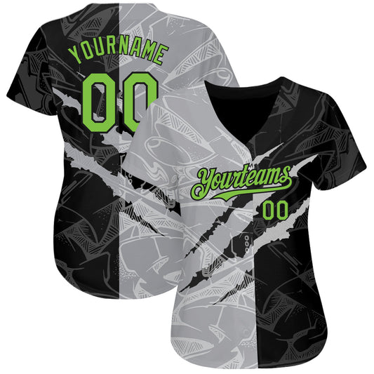 Custom Graffiti Pattern Neon Green Black-Gray 3D Scratch Authentic Baseball Jersey - Sky-Custom