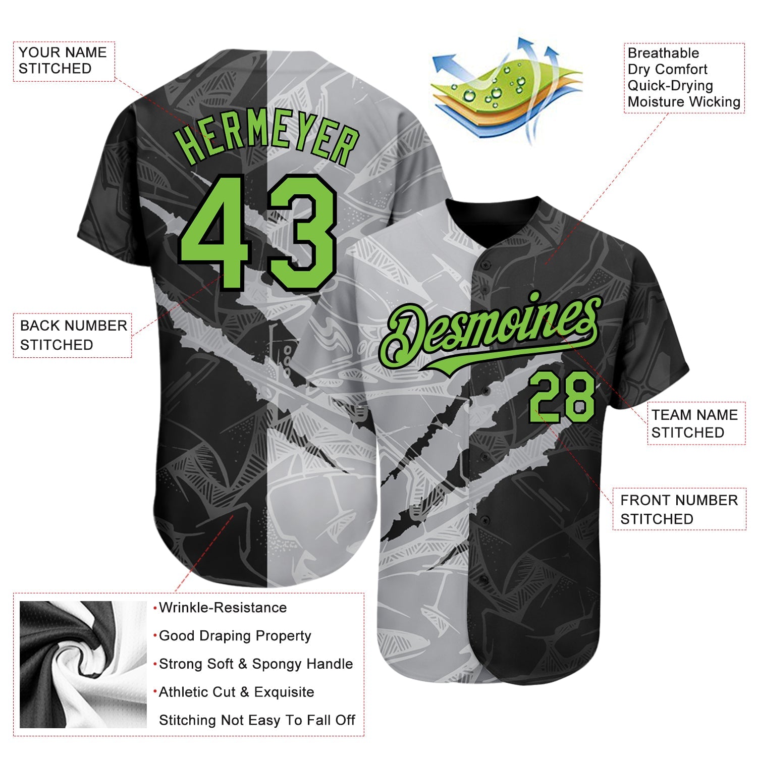 Custom Graffiti Pattern Neon Green Black-Gray 3D Scratch Authentic Baseball Jersey - Sky-Custom