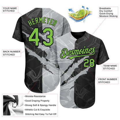 Custom Graffiti Pattern Neon Green Black-Gray 3D Scratch Authentic Baseball Jersey - Sky-Custom