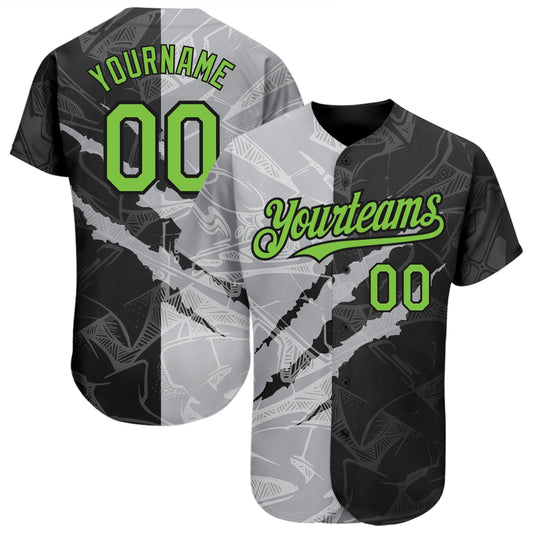 Custom Graffiti Pattern Neon Green Black-Gray 3D Scratch Authentic Baseball Jersey - Sky-Custom