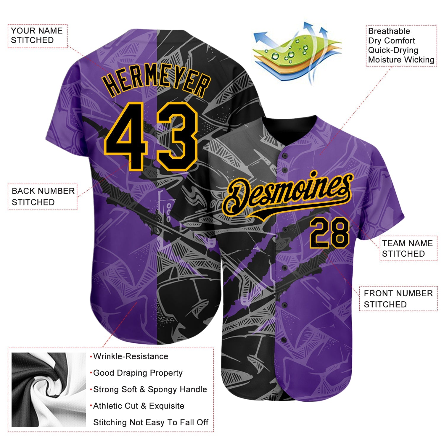 Custom Graffiti Pattern Black Purple-Gold 3D Scratch Authentic Baseball Jersey - Sky-Custom