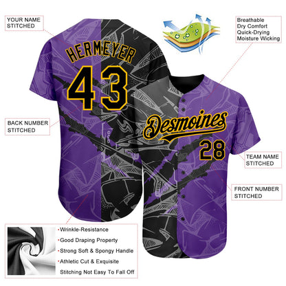 Custom Graffiti Pattern Black Purple-Gold 3D Scratch Authentic Baseball Jersey - Sky-Custom