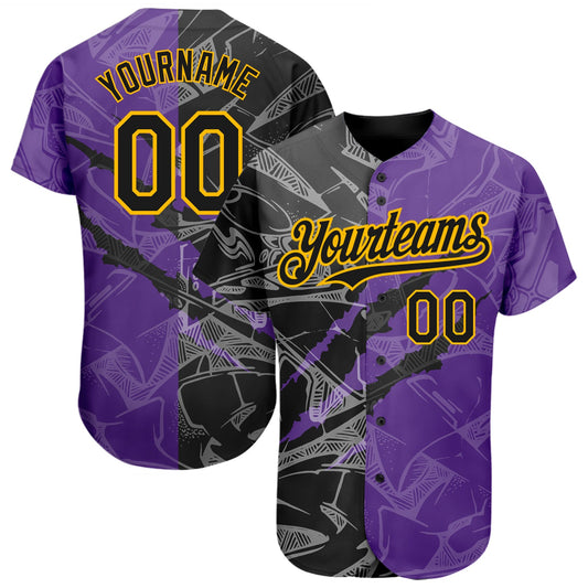 Custom Graffiti Pattern Black Purple-Gold 3D Scratch Authentic Baseball Jersey - Sky-Custom