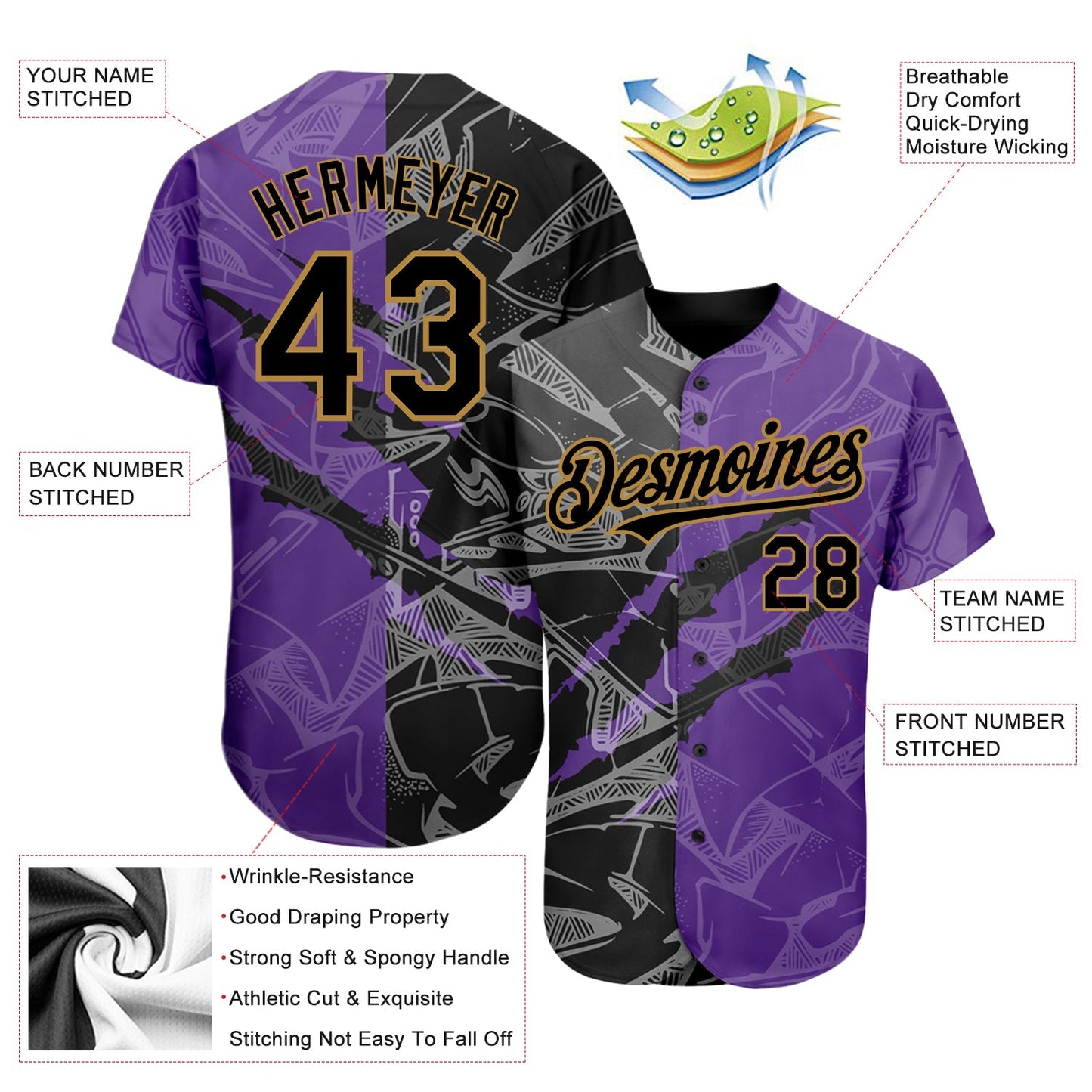 Custom Graffiti Pattern Black Purple-Old Gold 3D Scratch Authentic Baseball Jersey - Sky-Custom