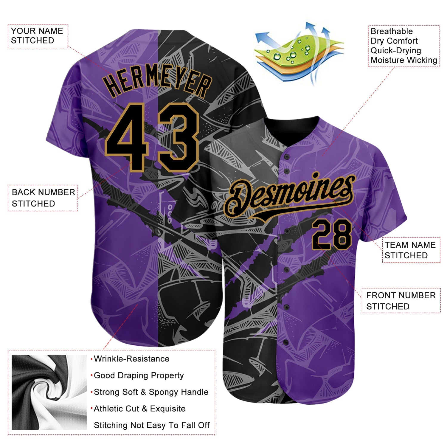 Custom Graffiti Pattern Black Purple-Old Gold 3D Scratch Authentic Baseball Jersey - Sky-Custom