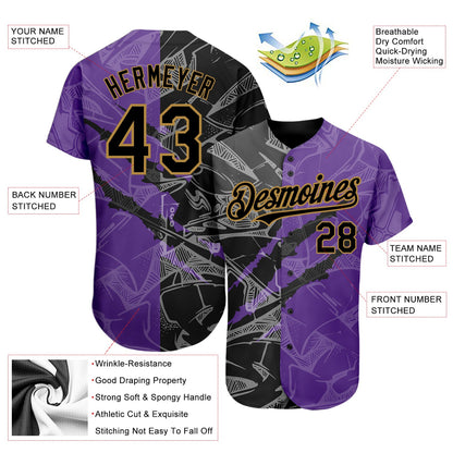 Custom Graffiti Pattern Black Purple-Old Gold 3D Scratch Authentic Baseball Jersey - Sky-Custom