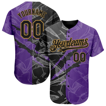 Custom Graffiti Pattern Black Purple-Old Gold 3D Scratch Authentic Baseball Jersey - Sky-Custom