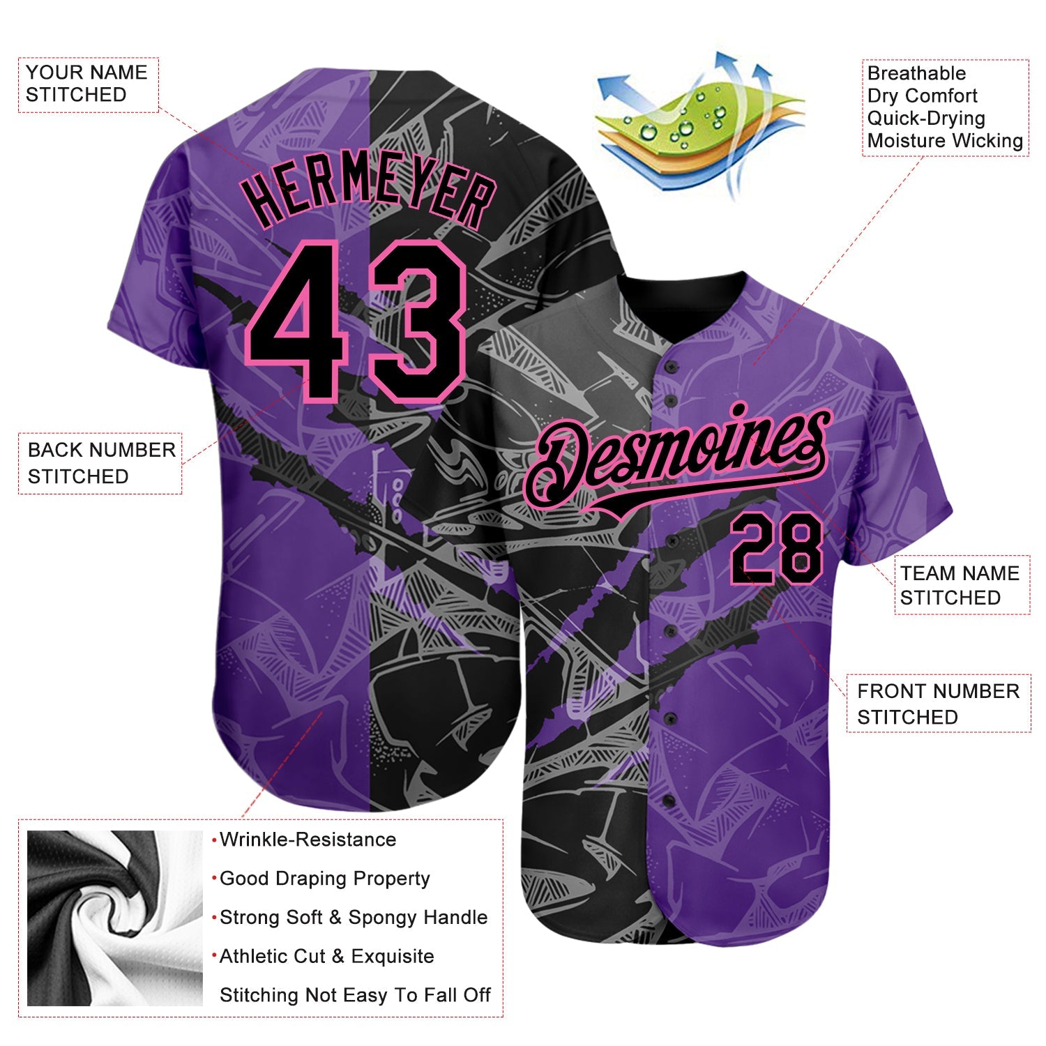 Custom Graffiti Pattern Black Purple-Pink 3D Scratch Authentic Baseball Jersey - Sky-Custom