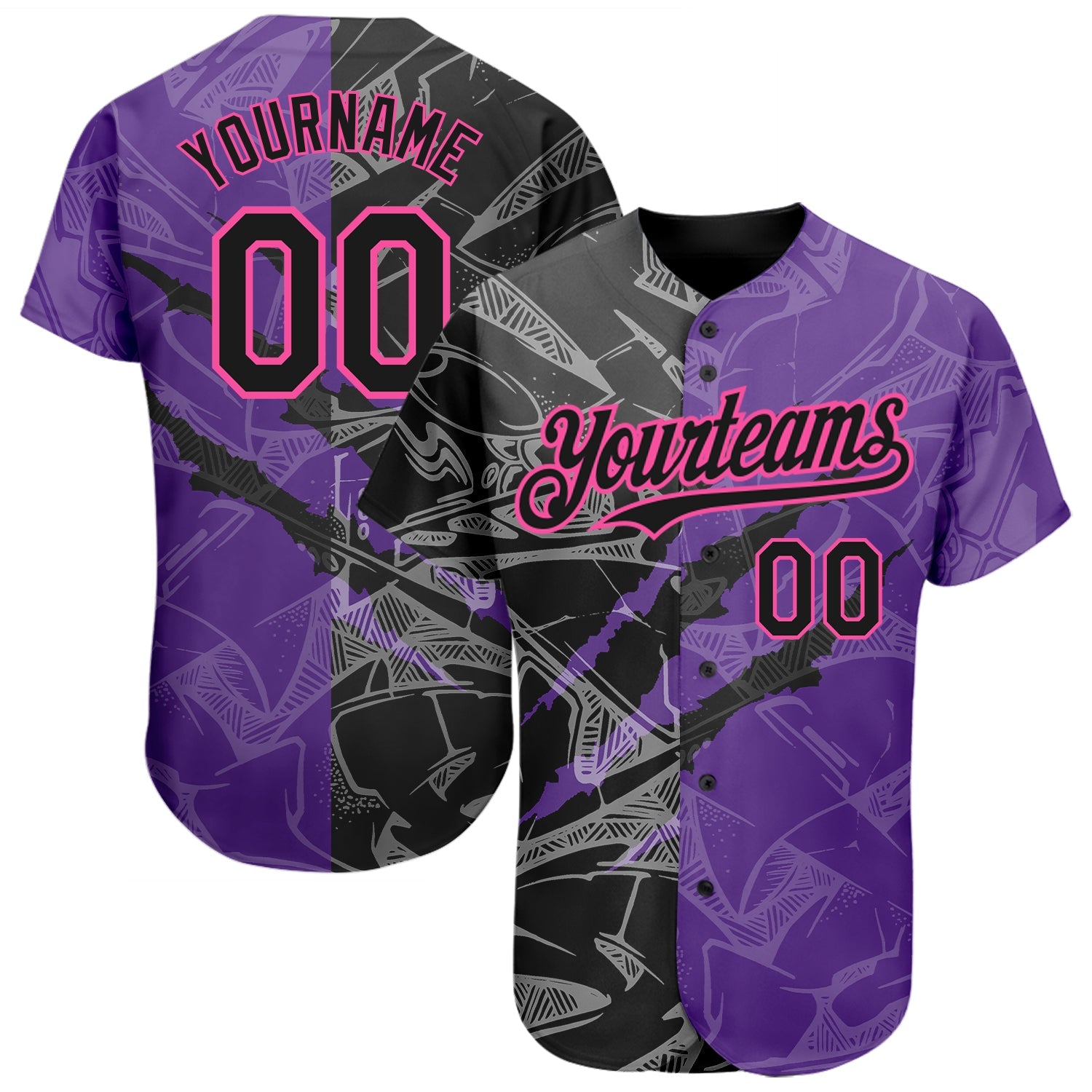 Custom Graffiti Pattern Black Purple-Pink 3D Scratch Authentic Baseball Jersey - Sky-Custom