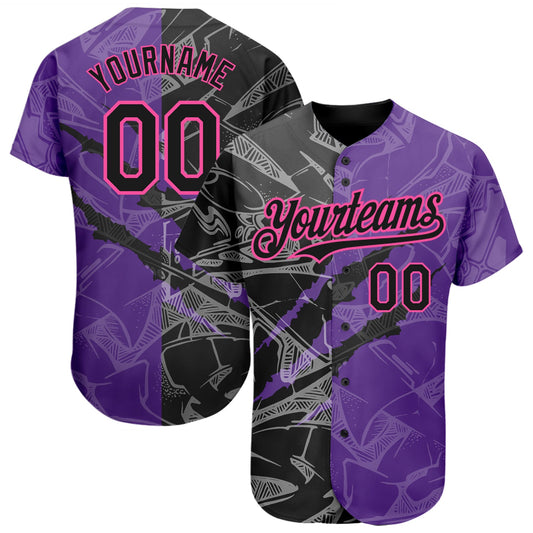 Custom Graffiti Pattern Black Purple-Pink 3D Scratch Authentic Baseball Jersey - Sky-Custom