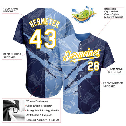 Custom Graffiti Pattern White Navy Light Blue-Yellow 3D Scratch Authentic Baseball Jersey - Sky-Custom