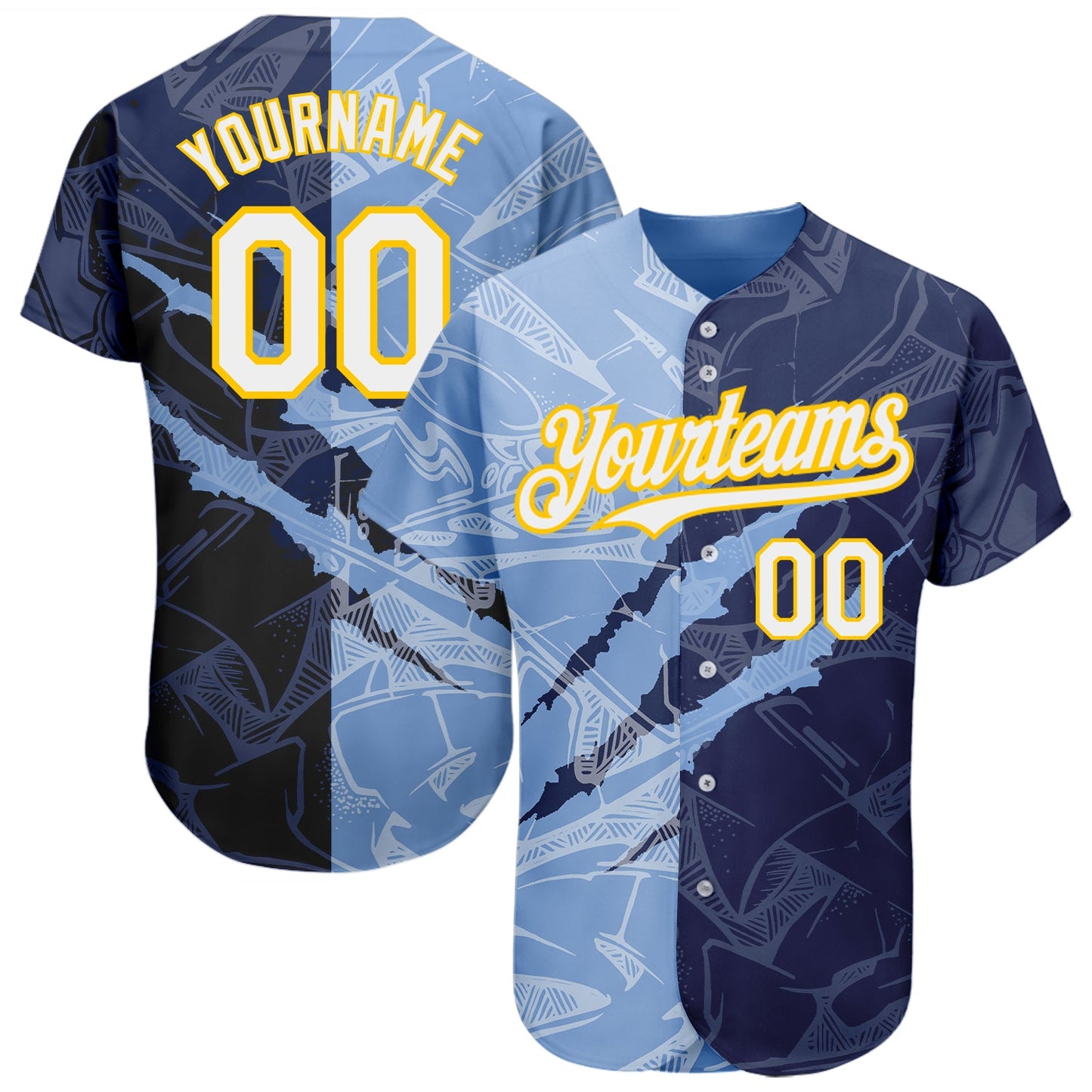 Custom Graffiti Pattern White Navy Light Blue-Yellow 3D Scratch Authentic Baseball Jersey - Sky-Custom