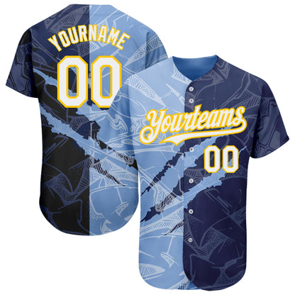 Custom Graffiti Pattern White Navy Light Blue-Yellow 3D Scratch Authentic Baseball Jersey - Sky-Custom