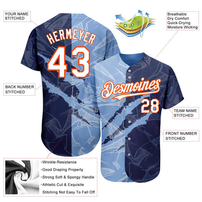 Custom Graffiti Pattern White Navy Light Blue-Orange 3D Scratch Authentic Baseball Jersey - Sky-Custom