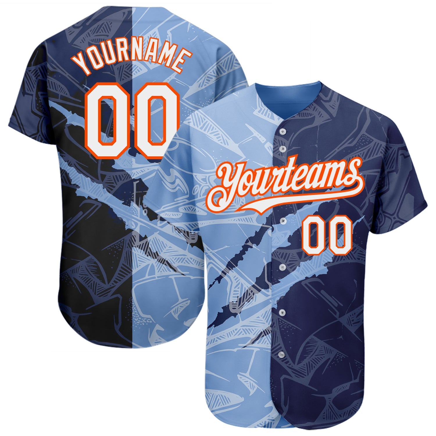 Custom Graffiti Pattern White Navy Light Blue-Orange 3D Scratch Authentic Baseball Jersey - Sky-Custom