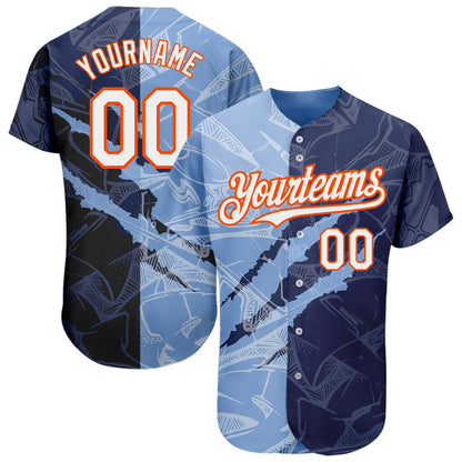Custom Graffiti Pattern White Navy Light Blue-Orange 3D Scratch Authentic Baseball Jersey - Sky-Custom