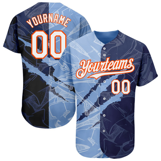 Custom Graffiti Pattern White Navy Light Blue-Orange 3D Scratch Authentic Baseball Jersey - Sky-Custom