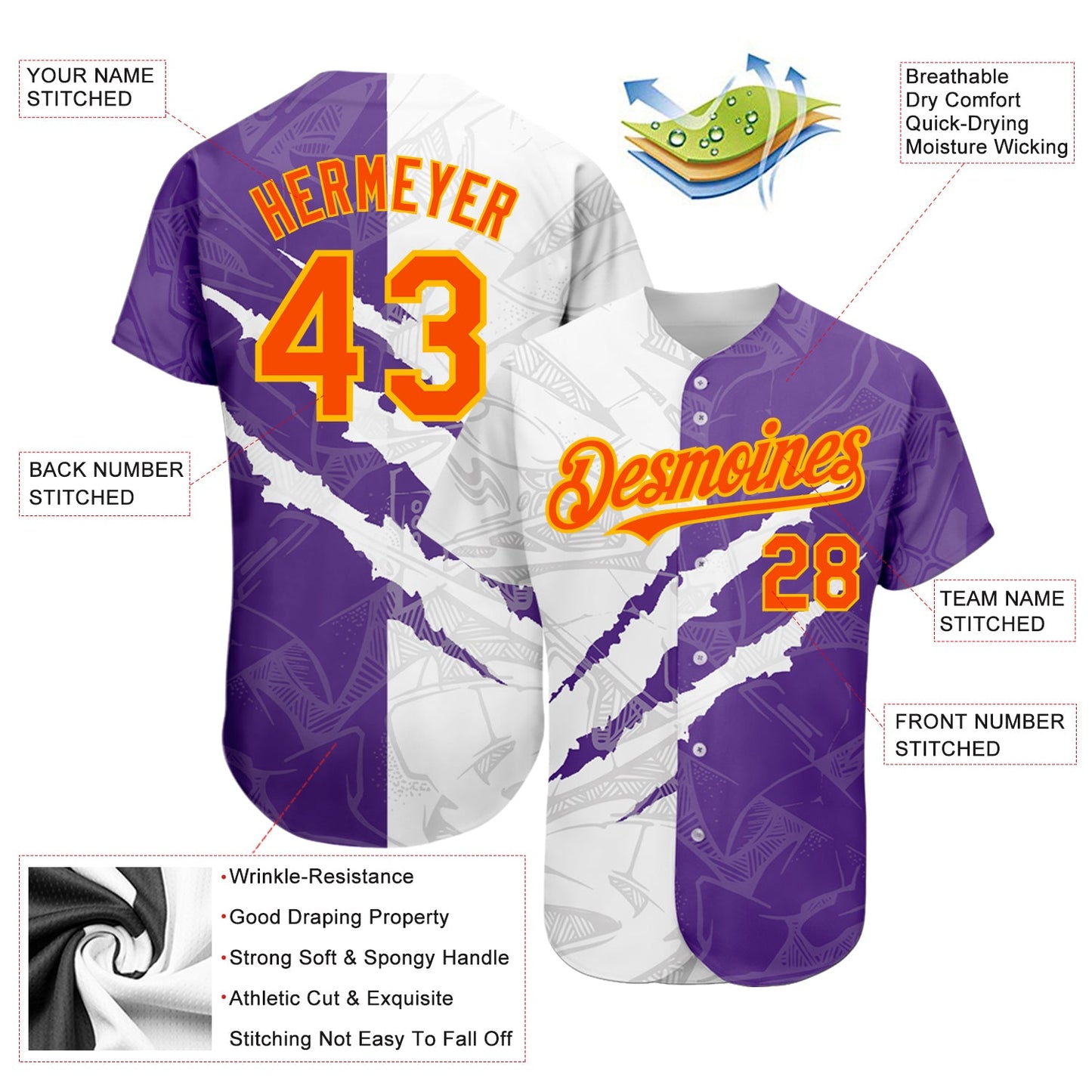 Custom Graffiti Pattern Orange Purple-Gold 3D Scratch Authentic Baseball Jersey - Sky-Custom