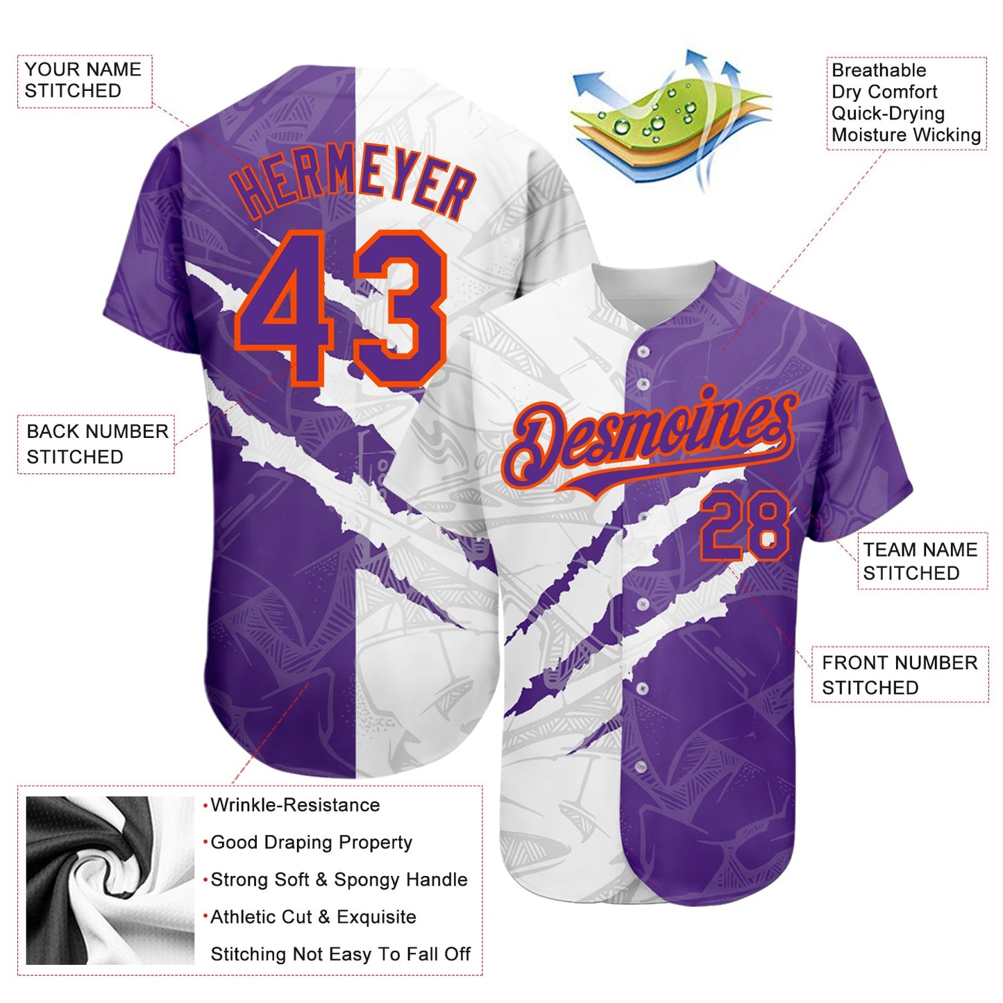 Custom Graffiti Pattern Purple-Orange 3D Scratch Authentic Baseball Jersey - Sky-Custom