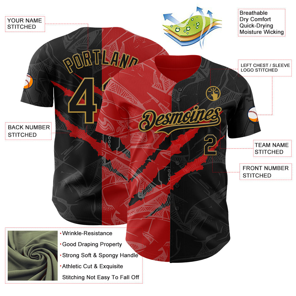 Custom Graffiti Pattern Black Red-Old Gold 3D Scratch Authentic Baseball Jersey - Sky-Custom