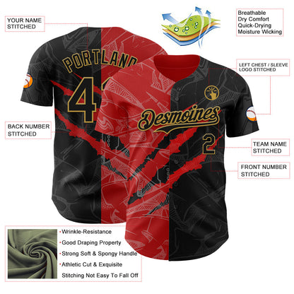 Custom Graffiti Pattern Black Red-Old Gold 3D Scratch Authentic Baseball Jersey - Sky-Custom