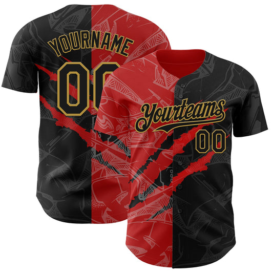 Custom Graffiti Pattern Black Red-Old Gold 3D Scratch Authentic Baseball Jersey - Sky-Custom